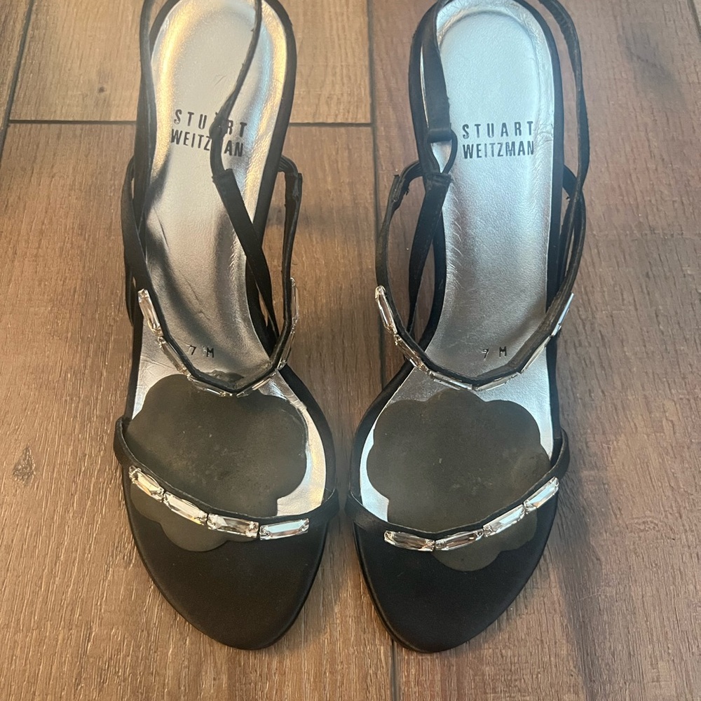 Stuart Weitzman Black Heels with crystal accents on the straps.